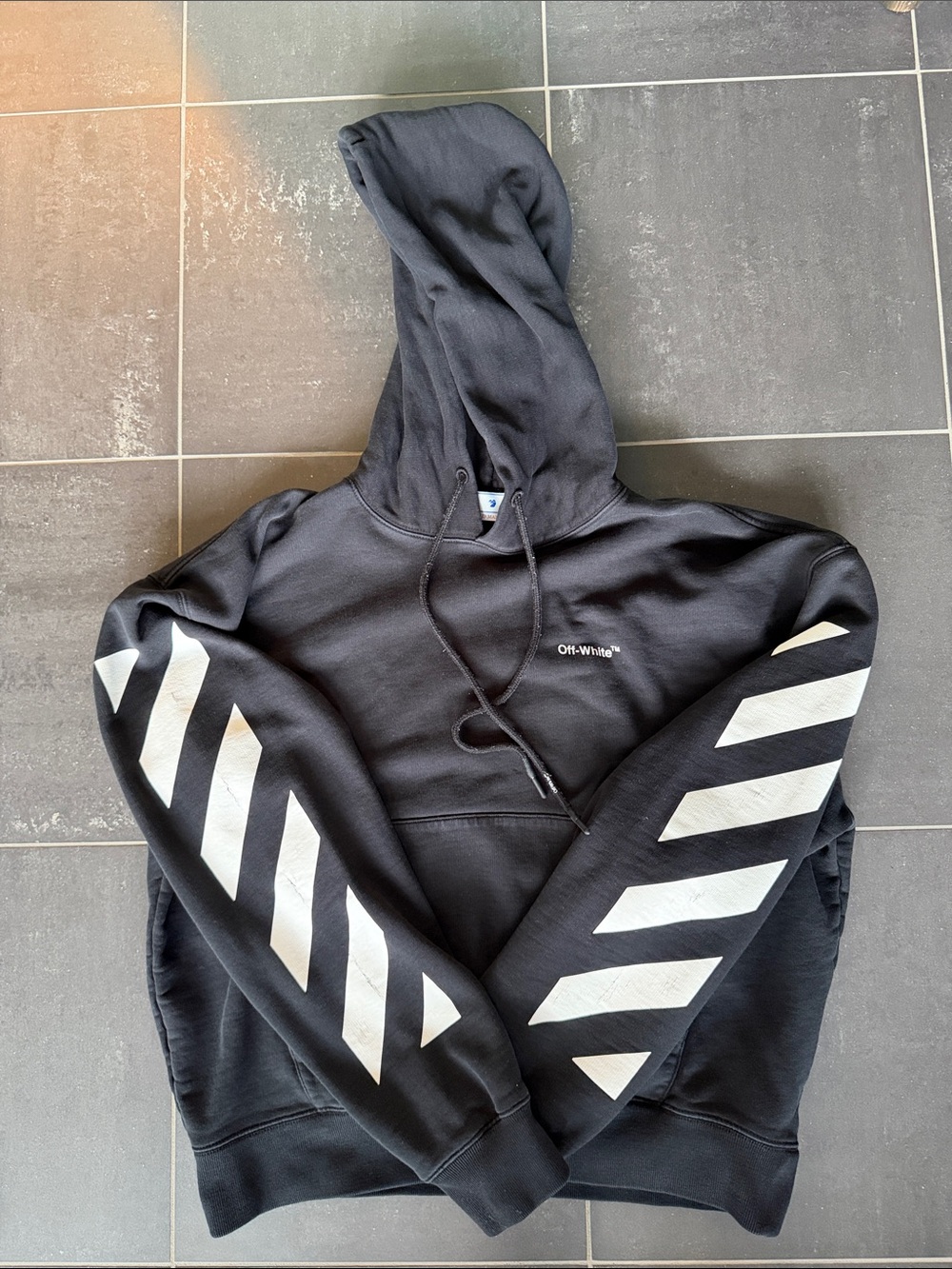 Off-White Black Hoodie with White Diagonal Sleeve Stripes size large